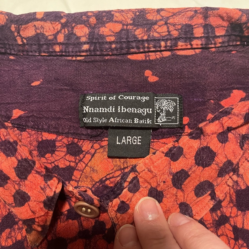 Nnamdi Ibenagu African Batik Large Orange, Plum & Brown Button Down Shirt - Picture 5 of 9